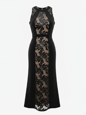 BCBGMaxAzria Black Lace-Panel Embellished Maxi Dress